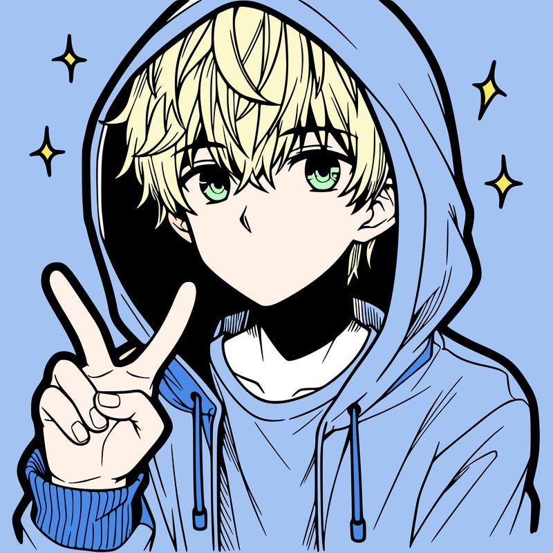 teenage manga boy in a hoodie, doing ✌