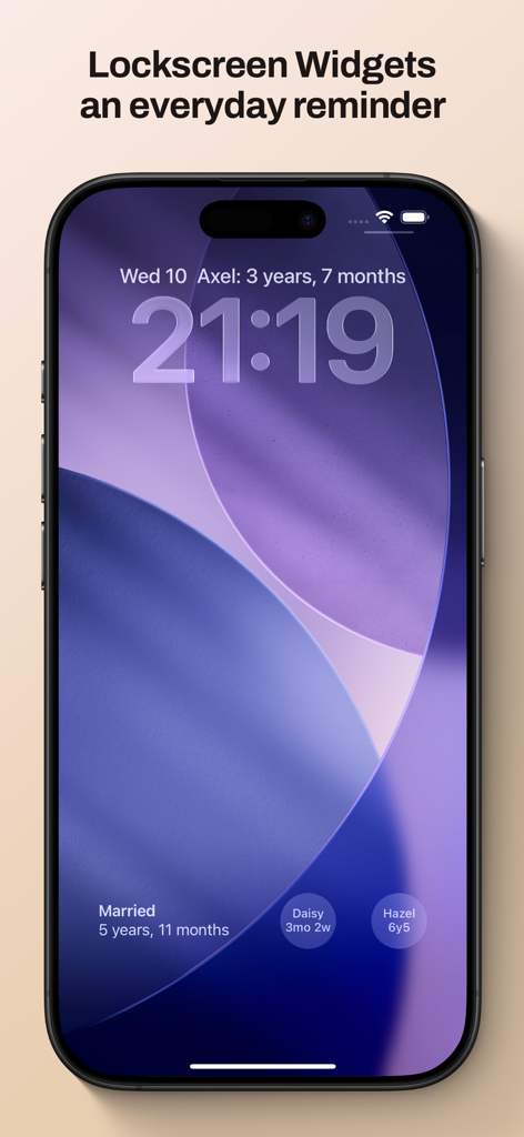 iPhone lock screen showing Gammel widgets for tracking family ages and milestones