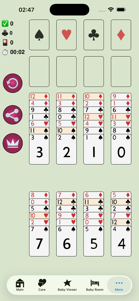 Baby Adopter Holidays - A screenshot of the Free Cell solitaire mini game within the Baby Adopter Holidays mobile app interface showing card layouts and navigation.