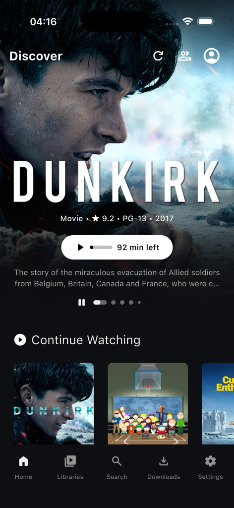 Plezy Client - Pantalla de descubrimiento de la aplicación Plezy Client que muestra metadatos de películas y la sección para continuar viendo