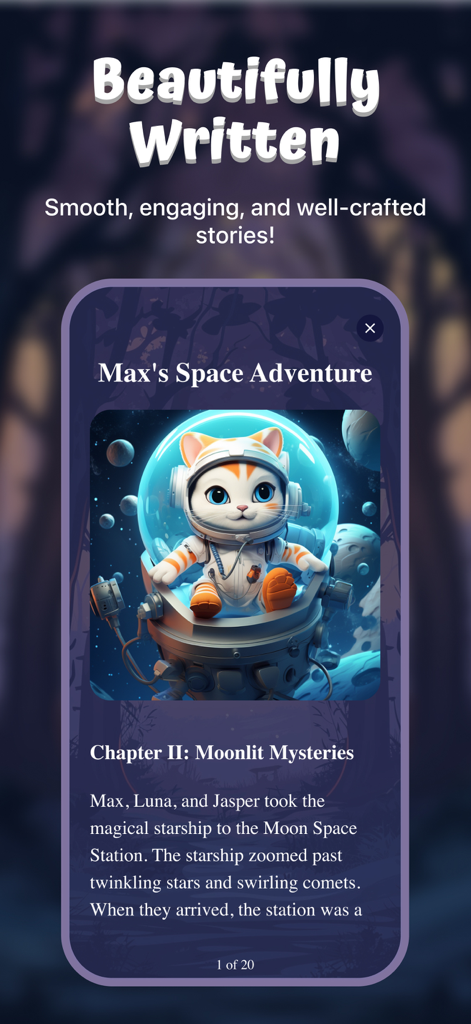 Whimsy Tales - Uma tela de celular do aplicativo Whimsy Tales mostrando uma história infantil personalizada intitulada A Aventura Espacial de Max com uma ilustração de um gato em um traje espacial.