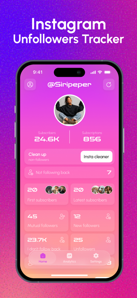 Interface de aplicativo móvel para rastrear quem deixou de seguir no Instagram e análises de crescimento de seguidores
