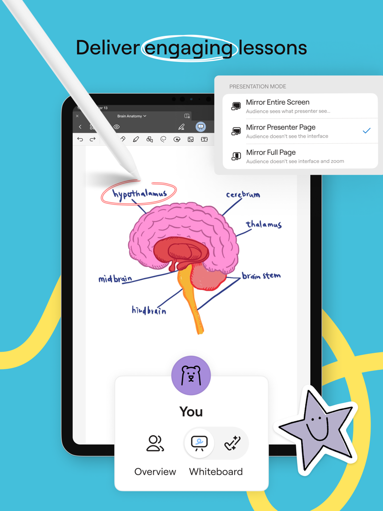 Goodnotes Classroom - A teacher using an iPad and Apple Pencil to deliver an interactive anatomy lesson using Goodnotes Classroom presentation mode.