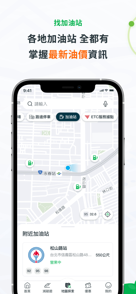 uTagGo app interface showing a map of nearby gas stations and real time fuel prices in Taiwan