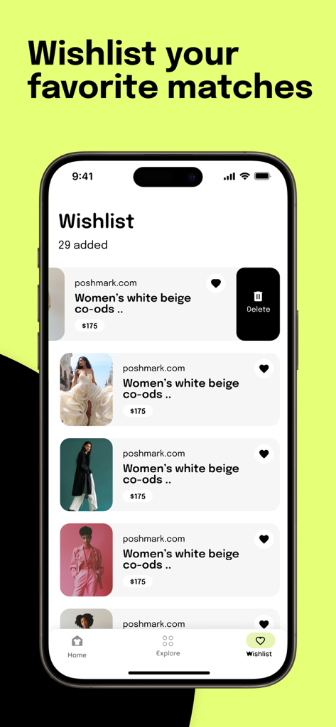 Screenshop app wishlist interface showing saved fashion items and prices