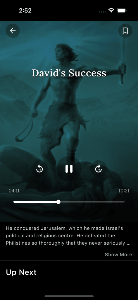 Lettore video cinematografico nell'app Vision of the Bible che mostra una lezione sul successo di Davide.
