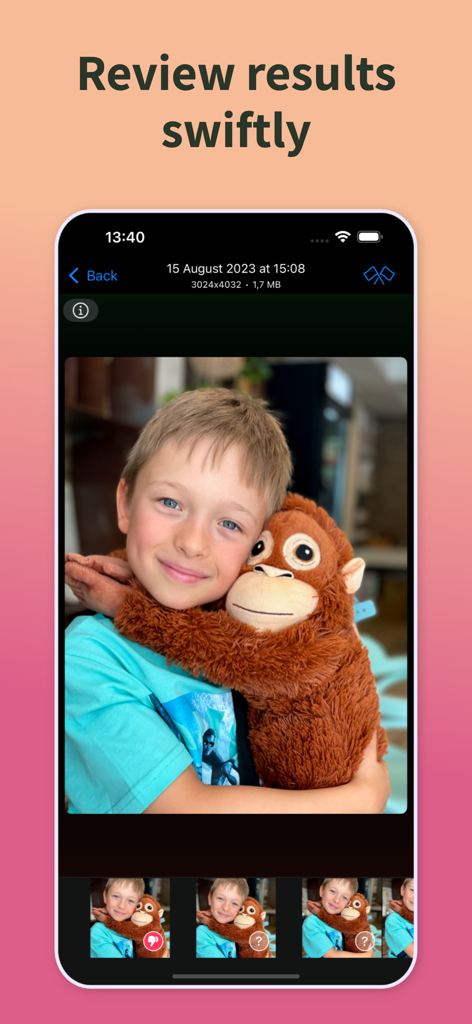 PhotoSweeper Mobile - PhotoSweeper Mobile interface showing how to review and delete similar photos of a child