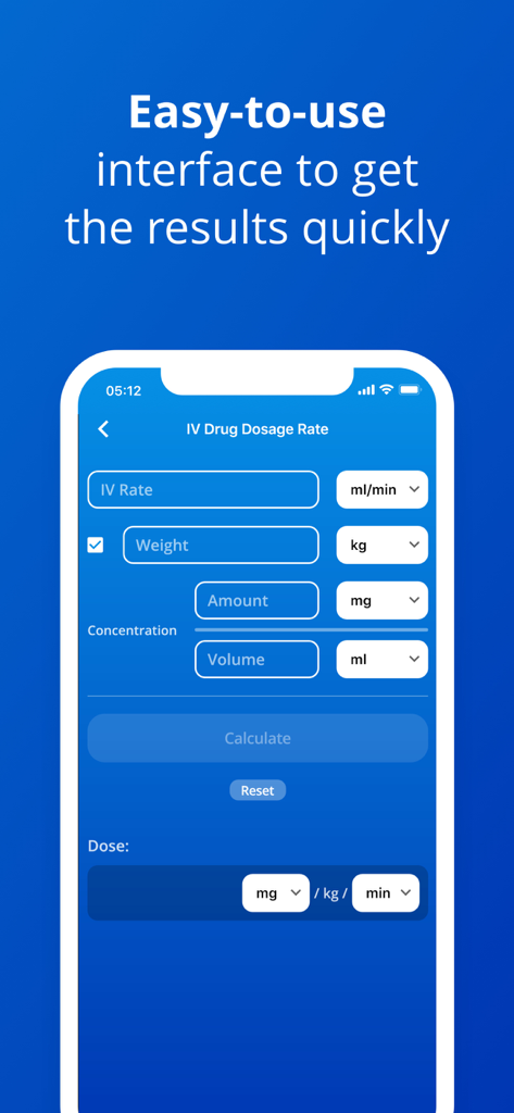 IV Dosage and Rate Calculator - IV drug dosage rate calculator mobile interface for healthcare professionals