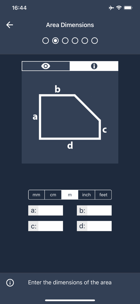 Mobile app screen for entering room dimensions with unit selection for tile layout planning