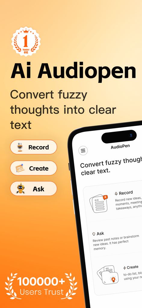 AudioPen AI app interface showcasing voice to text conversion features and record create and ask buttons