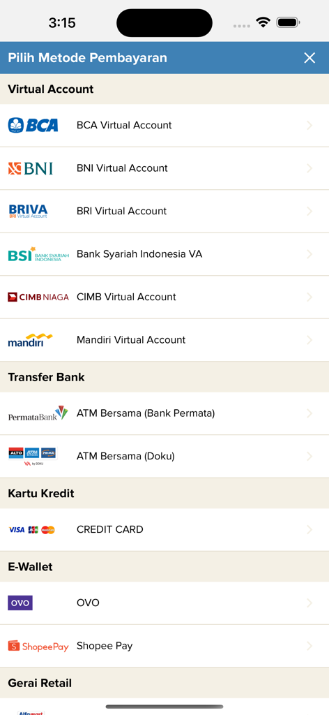 Schermata dei metodi di pagamento nell'app Express Bahari Mobile che mostra varie opzioni come carta di credito e conti virtuali