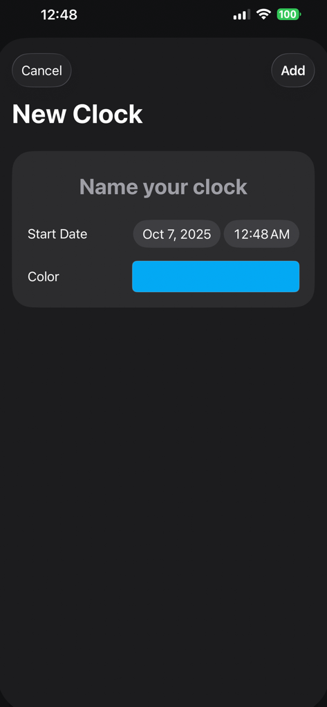 Nomo Widgets - Screen for creating a new sobriety clock with name date and color options