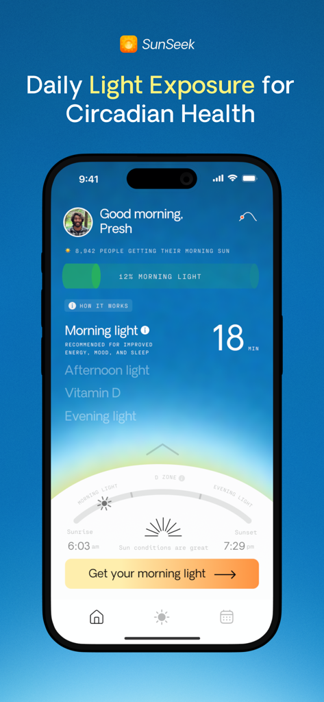 SunSeek: Sunlight & Vitamin D - SunSeek app interface displaying morning light exposure progress and sun tracking features for circadian health