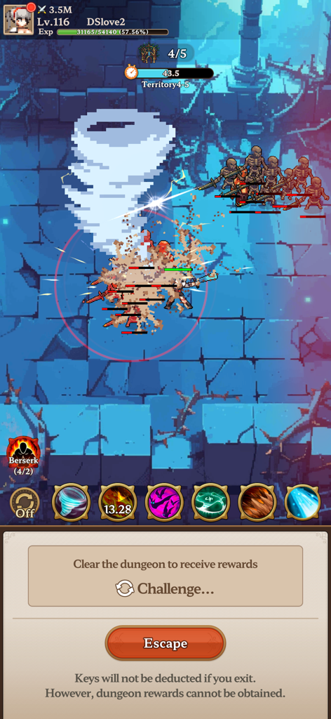 Dungeon Sisters : IDLE RPG - Gameplay screenshot of Dungeon Sisters IDLE RPG showing pixel art combat with skill effects and skeletons