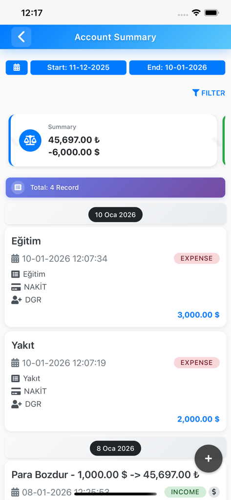 Mobile app interface showing account summary with multi-currency balances and transaction history for expenses and income
