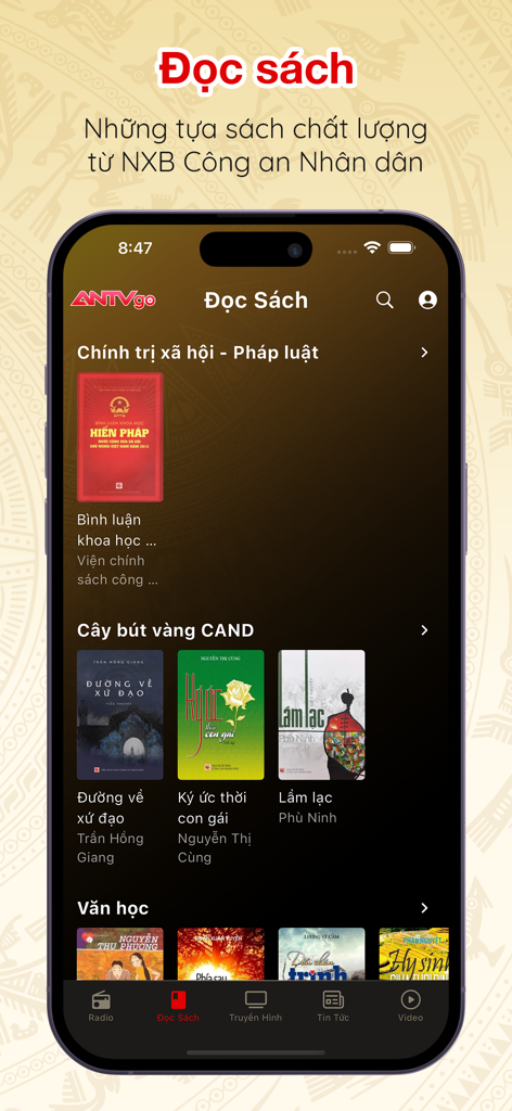 Interface of the ANTV Go app showing the digital book library section with various Vietnamese book categories and titles.
