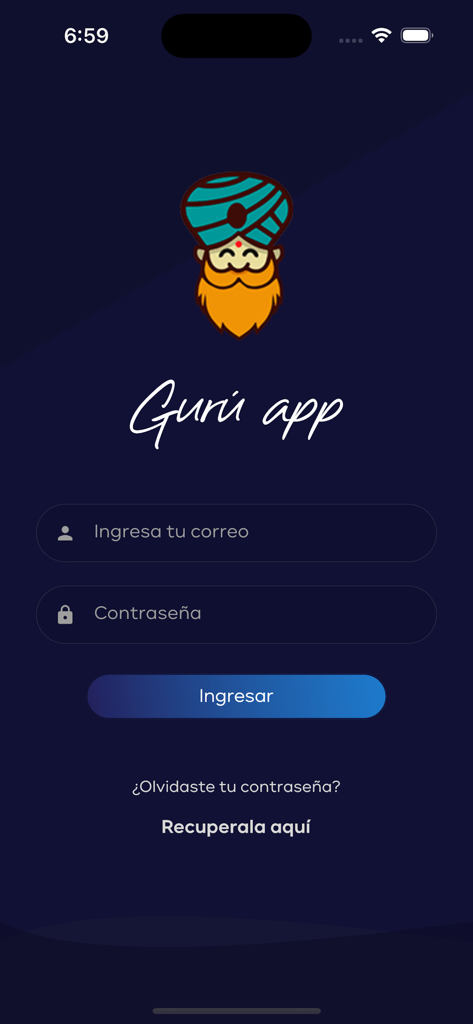GURU App - Login page of the GURU App showing email and password fields with a cartoon guru mascot.