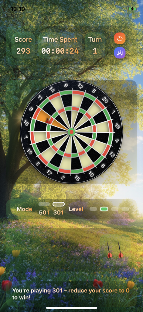 Darts - A mobile screen showing a darts game in 301 mode with a dartboard and score tracking over a sunny meadow background.
