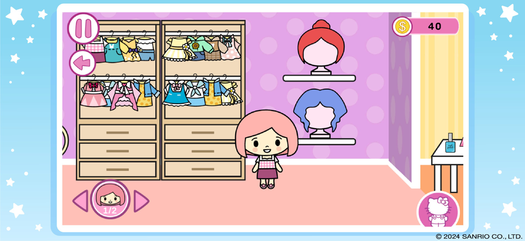 Hello Kitty: Beauty Salon - ハローキティ ビューティーサロンのキャラクターカスタマイズ画面。カラフルな衣装とウィッグで満たされたワードローブの隣に女の子のキャラクターが表示されている。