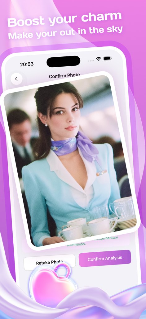 Mobile app screen for confirming a flight attendant photo for AI professional grooming analysis