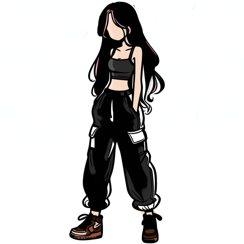 girl in baggy pants crop top and long hair