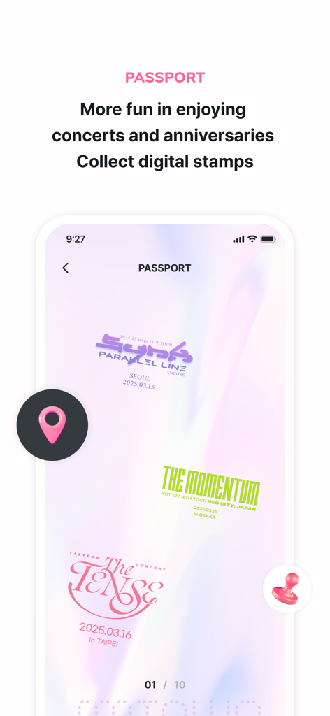 SMTOWN | OFFICIAL - Interface do aplicativo SMTOWN exibindo o recurso de passaporte digital com selos para shows e eventos K-pop