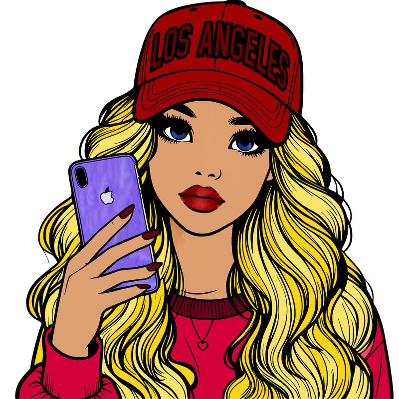 realistic beautiful girl wearing los ángeles cap holding an iphone
