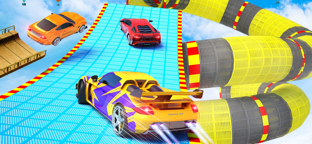Drift Race Car Driving Games - Sports cars performing stunts on a sky high mega ramp track