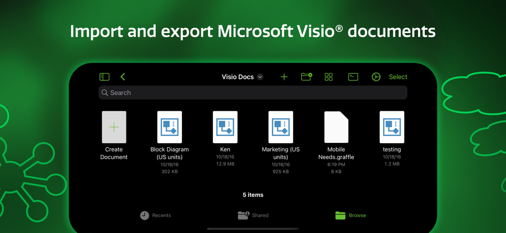 Microsoft Visio 문서를 가져오고 내보낼 수 있는 기능을 보여주는 OmniGraffle 3 앱 인터페이스
