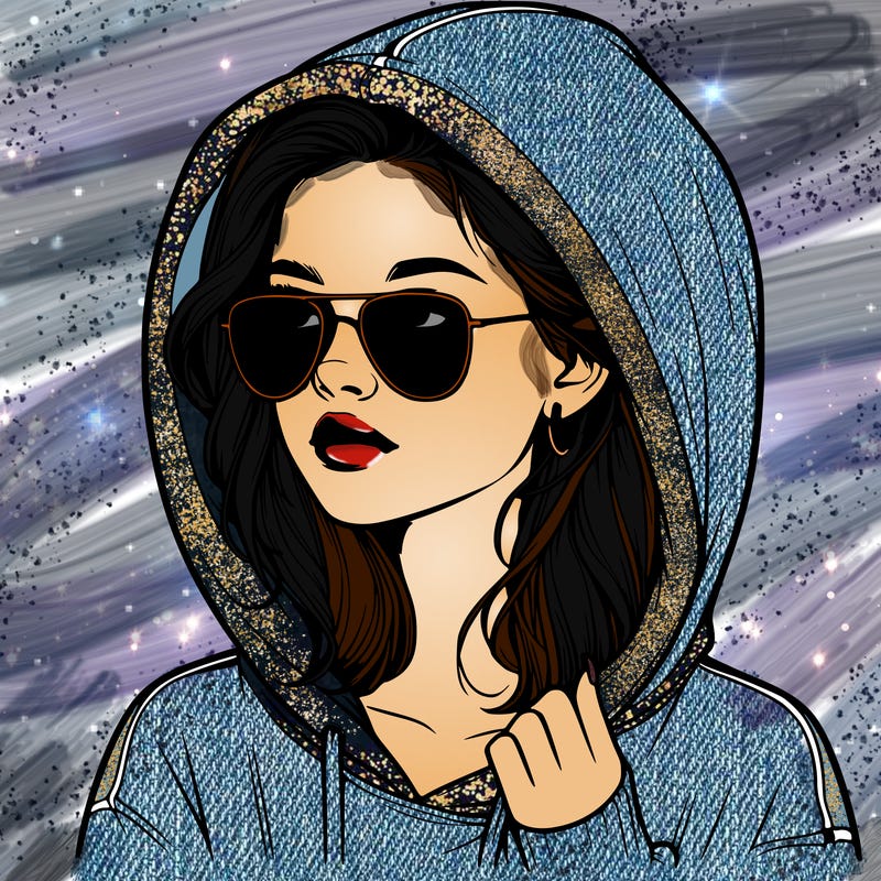 realistic teenage girl, wearing a hoodie and sunglasses