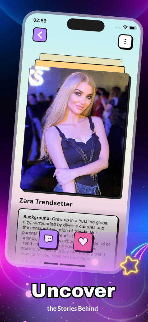 Profile screen in the Covey app showing the character Zara Trendsetter with her background story and photo.