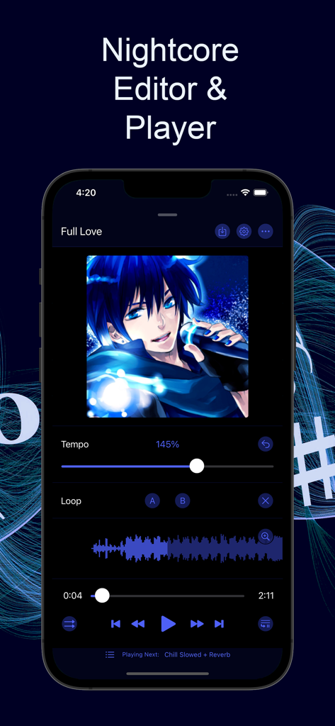 Pantalla de smartphone mostrando el editor y reproductor de Nightcore en la aplicación Music Speed Changer