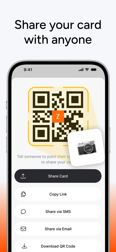 HeyCard Business Card Creator - Schermata dell'app HeyCard che mostra un codice QR di biglietto da visita digitale con opzioni di condivisione per il networking professionale