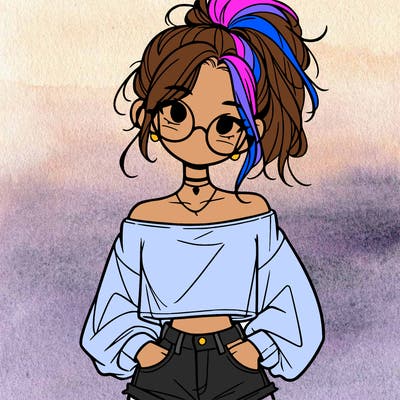 girl with a messy ponytail glasses a baggy crop top and jean shorts