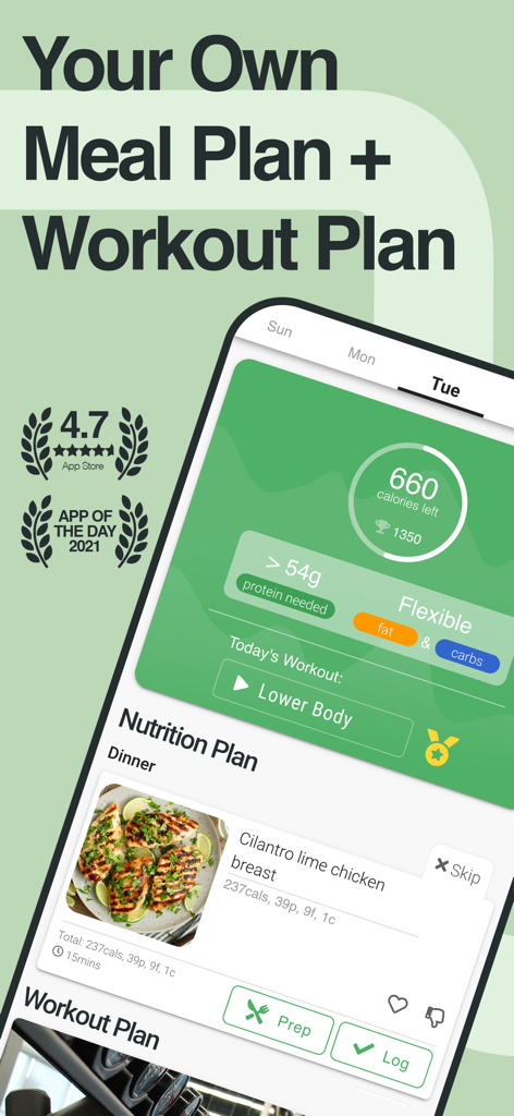 StrongrFastr Diet+Fitness AI - Interface of the Strongr Fastr app showing a personalized meal plan with a cilantro lime chicken recipe and a scheduled lower body workout