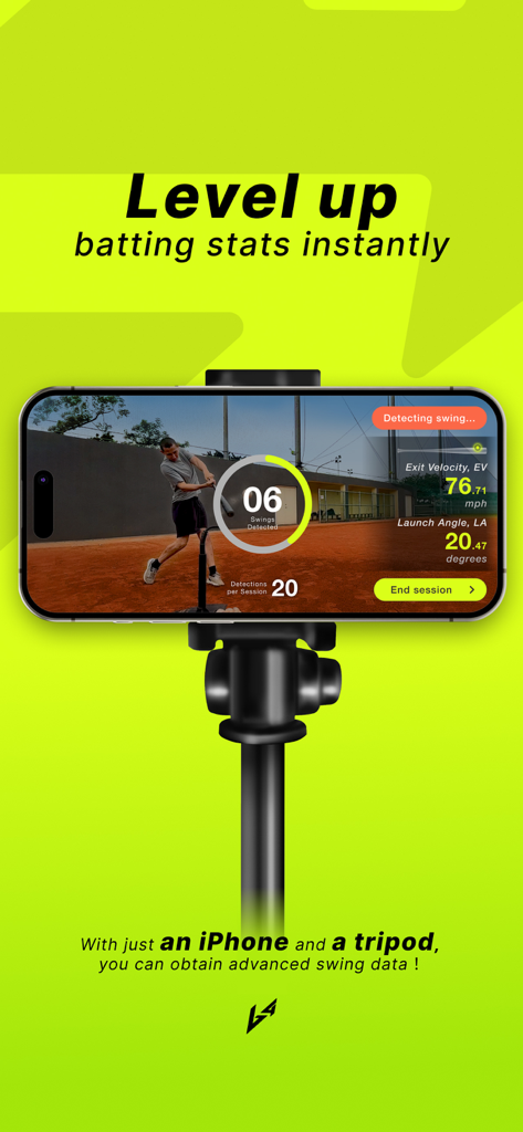 An iPhone on a tripod showing real time baseball swing data and metrics from the b4 app