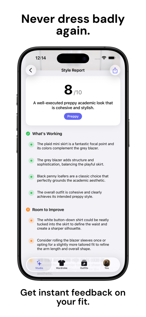 GhostFits - AI Wardrobe - GhostFits app interface showing an AI style report with outfit scoring and feedback