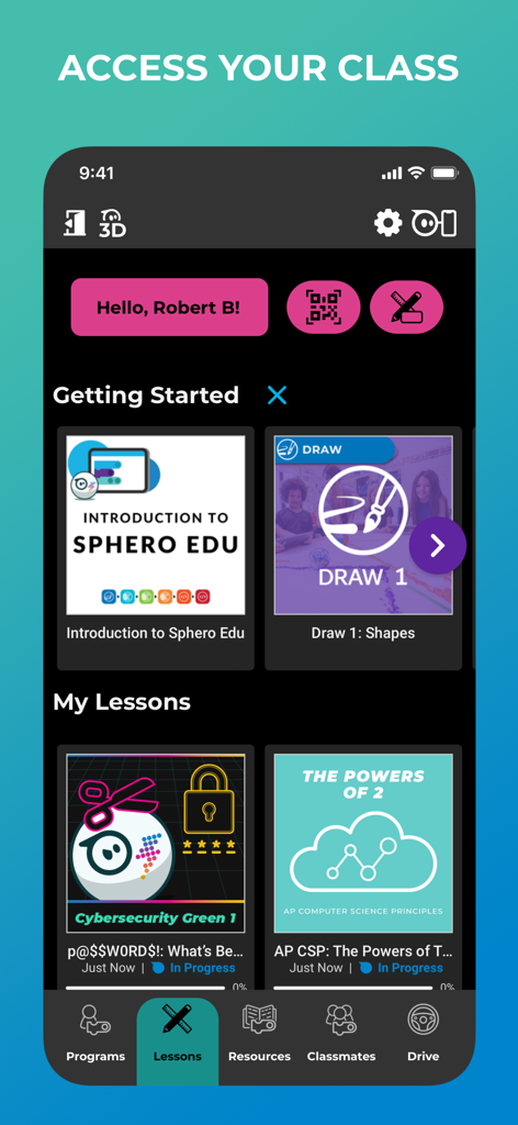 Sphero Edu - Interfaz de la aplicación Sphero Edu que muestra lecciones de robótica educativa y guía de inicio