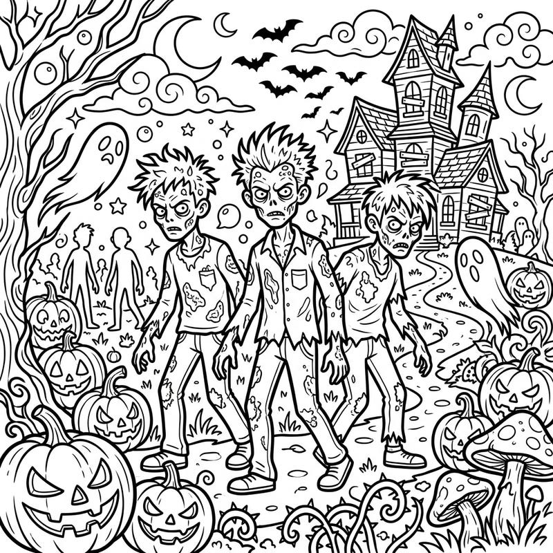 Step into a spooky Halloween world with this engaging coloring page featuring a trio of infected humans. Surround yourself with haunted houses, grinning jack-o'-lanterns, and flying bats, perfect for a ghoulishly creative session.