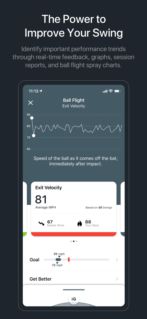 A mobile screen from Blast Baseball app showing exit velocity metrics and a ball flight performance graph.