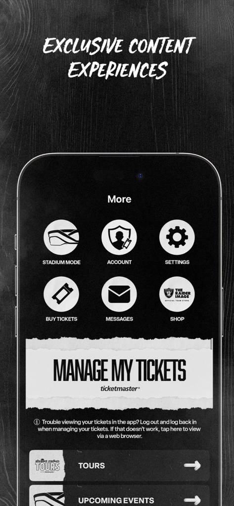 Raiders + Allegiant Stadium - The Raiders and Allegiant Stadium app interface showing ticket management and menu icons