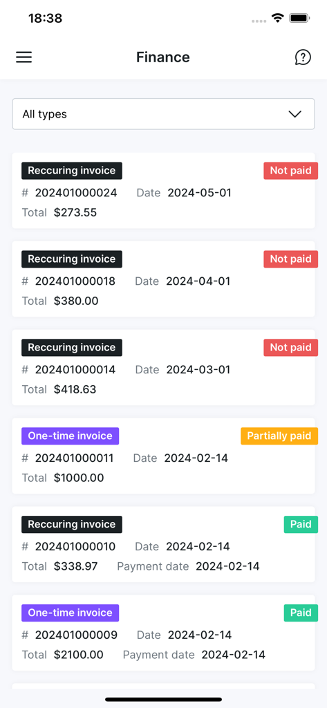 MyISP Portal - Finance section of the MyISP Portal app showing a list of recurring and one-time invoices with payment statuses