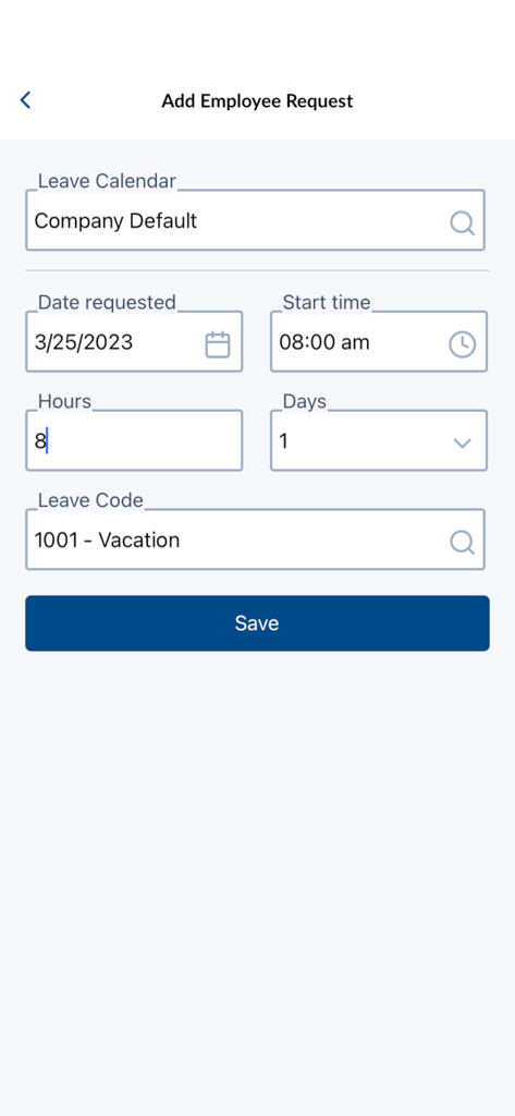 TCP MobileKiosk - Interface for submitting an employee leave request including dates, times, and hours
