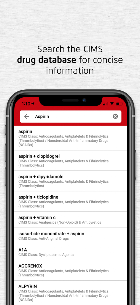 CIMS India - CIMS India app interface showing drug search results for Aspirin on a smartphone.