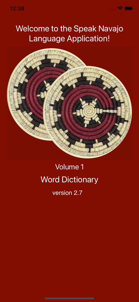 Pantalla de inicio de la aplicación Speak Navajo Language con cestas tejidas tradicionales