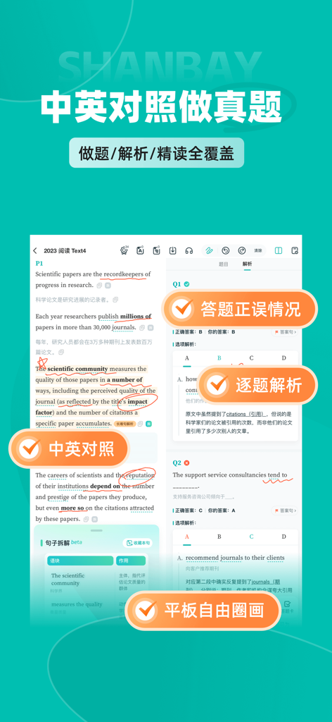 Die Benutzeroberfläche der Shanbay Kaoyan App zeigt zweisprachige englische Leseverständnisse mit Prüfungsfragenanalysen und handschriftlichen Anmerkungen.