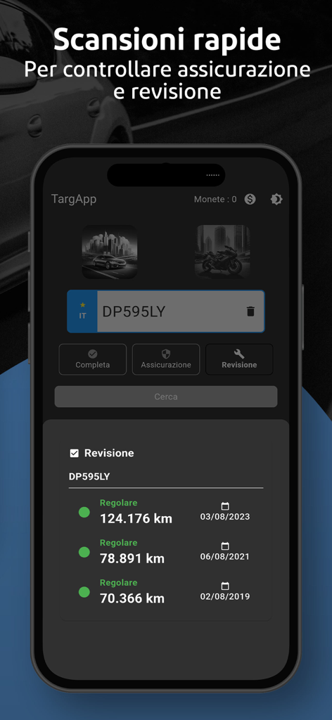 TargApp - Visura targa - A mobile app screen showing a vehicle inspection history with mileage and dates