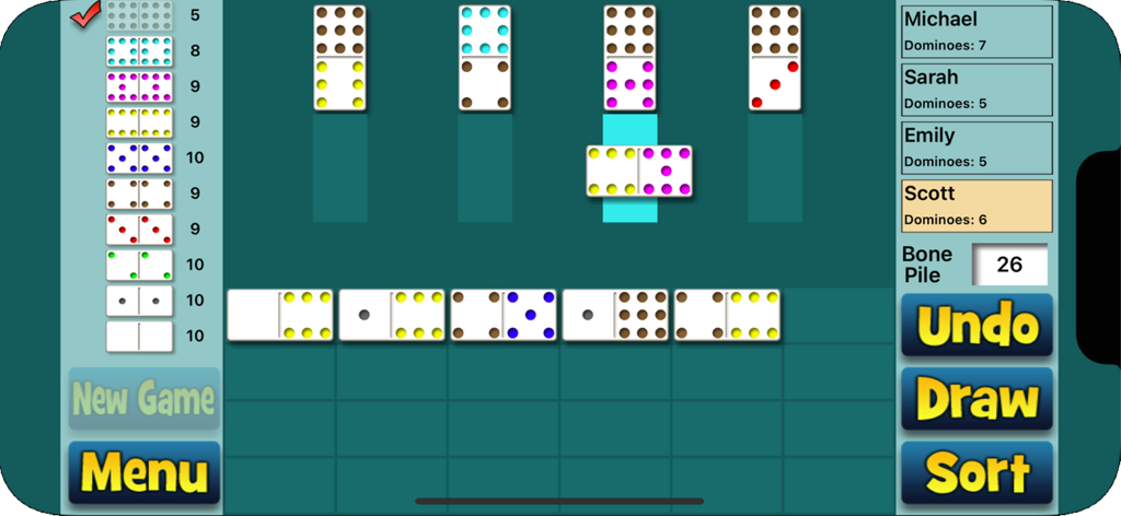 Chickenfoot Dominoes - Una sesión de juego de mesa digital de Chickenfoot Dominoes con pips grandes y coloridos y una interfaz limpia para oponentes de computadora.
