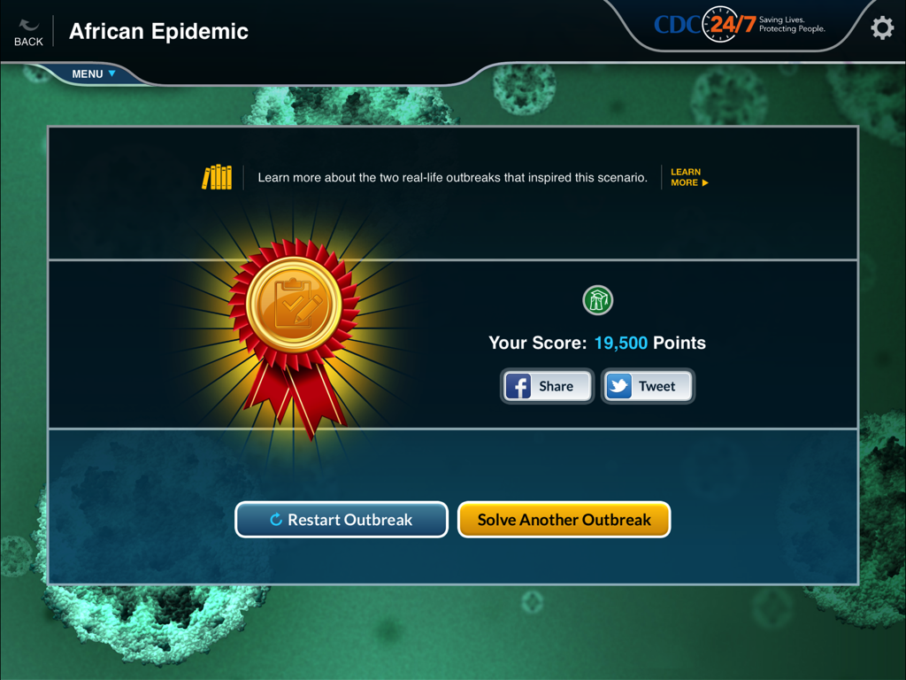 Solve the Outbreak - Score screen for the African Epidemic scenario in the Solve the Outbreak app showing a gold badge and points earned.