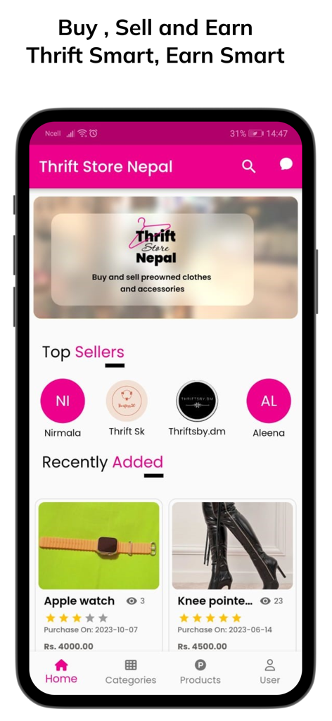 Thrift Store Nepal - Home screen of the Thrift Store Nepal app showing top sellers and recently added preloved items